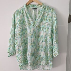 APNY Linen Abstract Geo Green And White Print Roll Tab Sleeves Women's Top XL